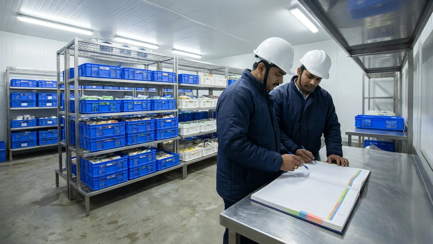 Two supply planners in navy thermal jackets and white hardhats in an Indian perishable cold room reviewing an open safety-stock register with colour-coded buffer bands on a stainless-steel desk beside multi-tier wire shelving of blue and white crates