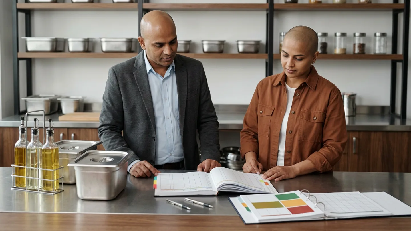 Indian male multi-unit restaurant operations controller in a charcoal blazer and female commissary inventory manager in a terracotta overshirt at a stainless-and-walnut counter before shelving of gastronorm pans, reviewing two stainless prep containers and a wire caddy of unlabelled glass oil bottles against an open hardbound inter-outlet transfer ledger and an outlet stock-variance binder.