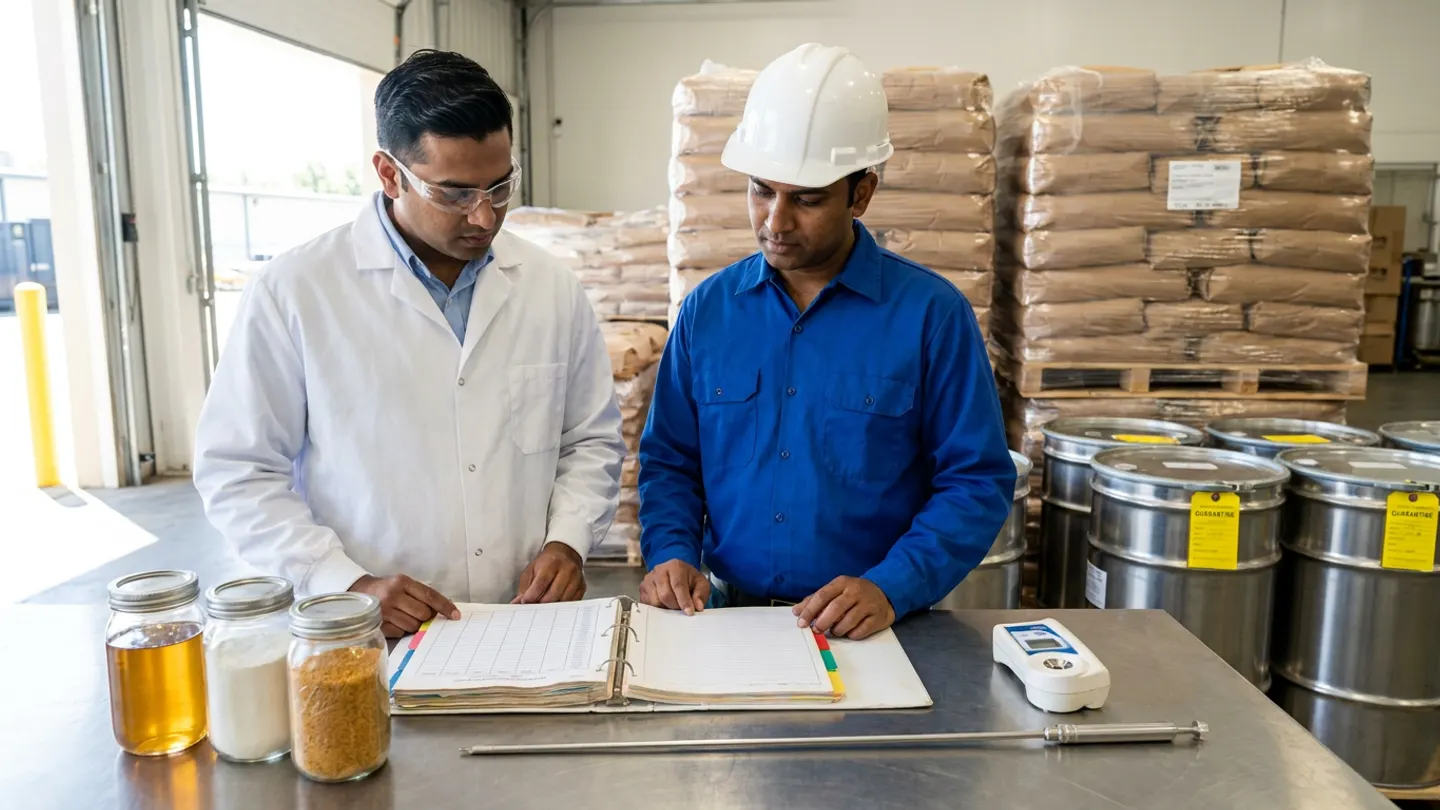 An Indian quality assurance chemist in a white lab coat and safety glasses and a receiving warehouse supervisor in a royal-blue work shirt and white hardhat examining an open supplier specification ring binder at a brushed stainless-steel receiving bench alongside three sealed glass retain jars of golden oil, white powder, and amber granules, a stainless sampling thief probe, and a benchtop refractometer, with shrink-wrapped pallets of brown ingredient sacks and stainless drums bearing yellow quarantine tags behind them.