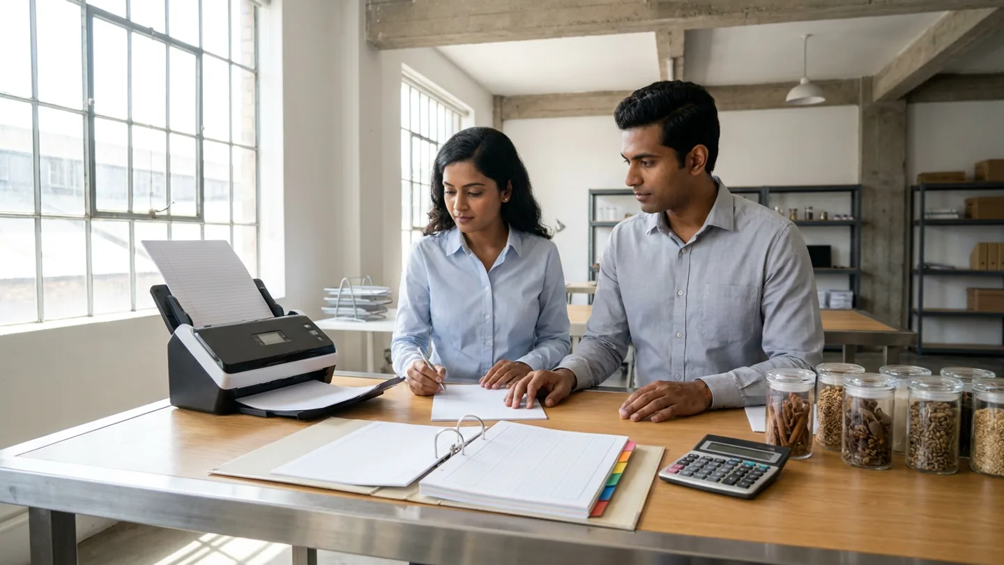 Two accounts-payable specialists at an oak-and-steel desk reviewing a tabbed reconciliation binder beside a desktop sheet-fed document scanner, desktop calculator, and glass spice and grain reference jars