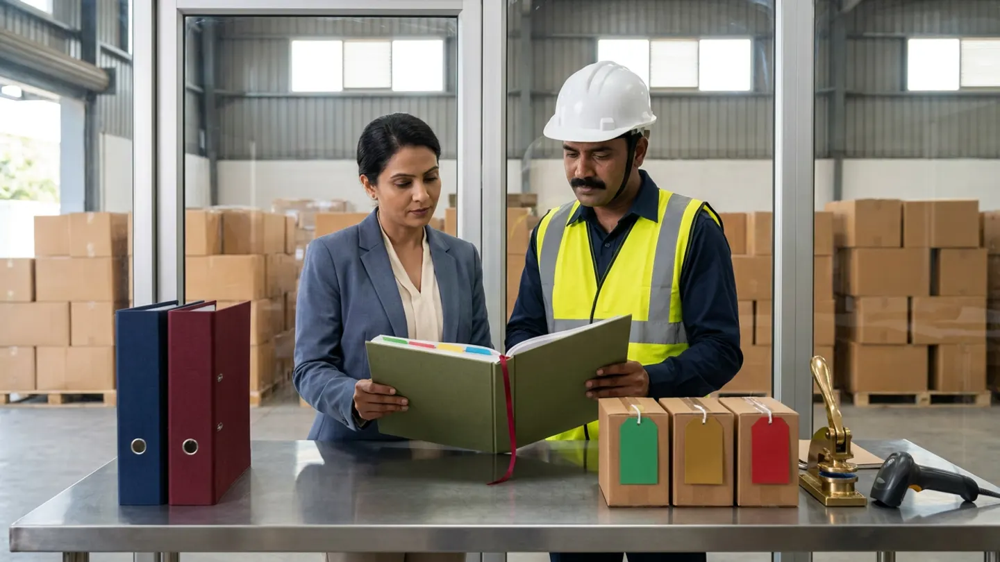 Indian customer order-desk coordinator in a slate-blue blazer and dispatch warehouse lead in a dark-navy shirt, yellow high-visibility vest, and white safety helmet comparing an open olive-green cloth-bound order-revision register with coloured index tabs and a crimson ribbon marker beside navy and burgundy reference binders, three brown sample cartons with green, amber, and red tags, a brass seal press, and a corded barcode scanner.