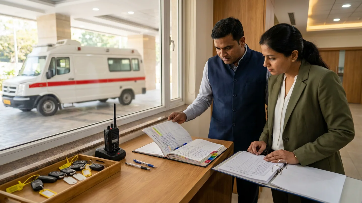 Indian male hospital transport coordinator in a navy waistcoat over a light-grey shirt and female clinical readiness supervisor in an olive-green blazer over a cream blouse standing at a warm oak desk beside a window overlooking a covered hospital driveway where a white emergency transport van with a red stripe is parked, comparing an open hardbound ambulance shift-readiness register with colour-coded index tabs against an open equipment-seal checklist ring binder alongside a handheld two-way radio in its charging dock, a wooden tray holding vehicle key fobs with yellow and white tags and yellow tamper-evident seal loops, and two pens.