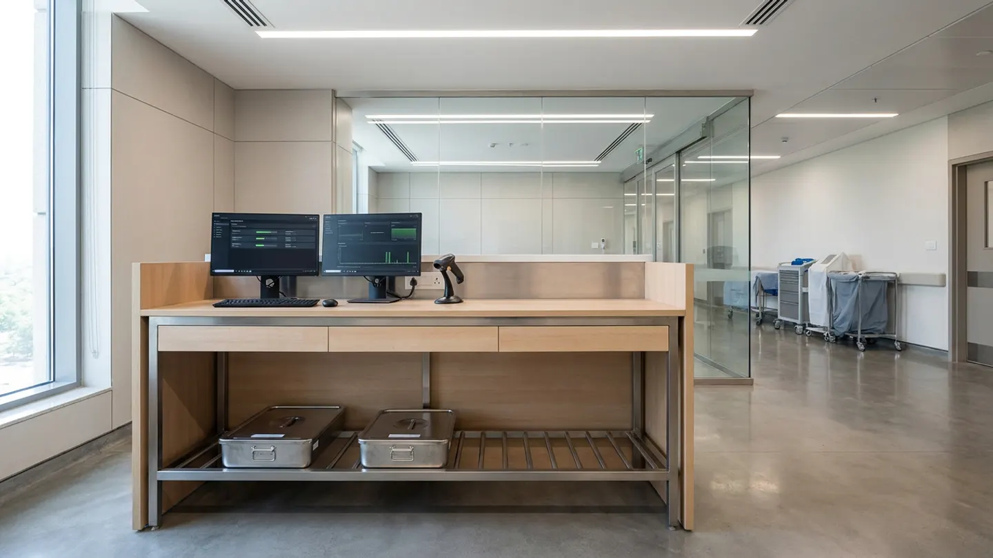 Light-timber and brushed-steel technical workbench with two monitors, a handheld barcode scanner in its cradle and two stainless-steel lidded containers on a lower slatted rack beside a glass-partitioned corridor with wheeled carts.