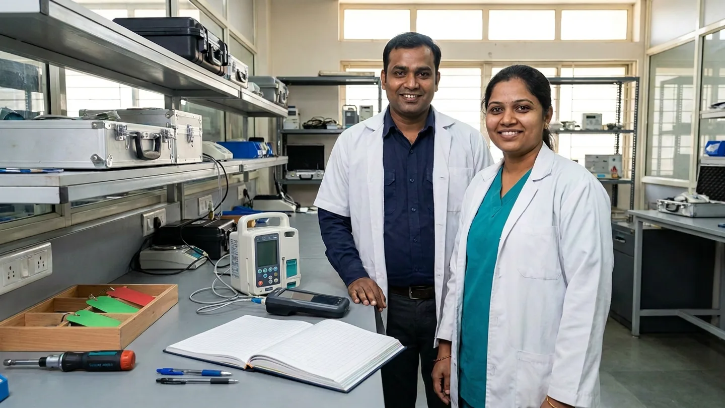 Indian male lead biomedical engineer in an open white technical coat over a navy shirt and female clinical engineering quality supervisor in a white lab coat over a teal scrub top standing at a grey ESD-safe workbench inside a daylight-lit hospital biomedical workshop with metal equipment cases on shelving behind them, reviewing an open hardcover work-order closure register beside a medical infusion pump connected by test leads to a handheld electrical safety analyser, a partitioned wooden tray of green and red status tags, a screwdriver, and two pens