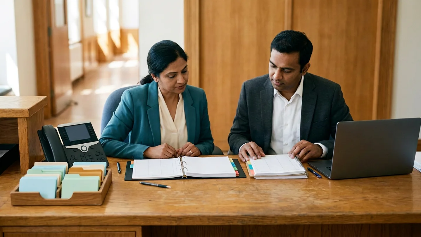 Indian female clinic appointment coordinator in a teal blazer over a cream blouse and male outpatient operations supervisor in a charcoal blazer over a white collared shirt seated at a warm oak back-office reception desk, reviewing an open colour-tabbed ring binder and a spiral-bound scheduling register alongside a wooden desk tray holding pastel blue, green, and amber appointment cards, a black desktop telephone with an unlit screen, an open dark-grey laptop, and two pens.
