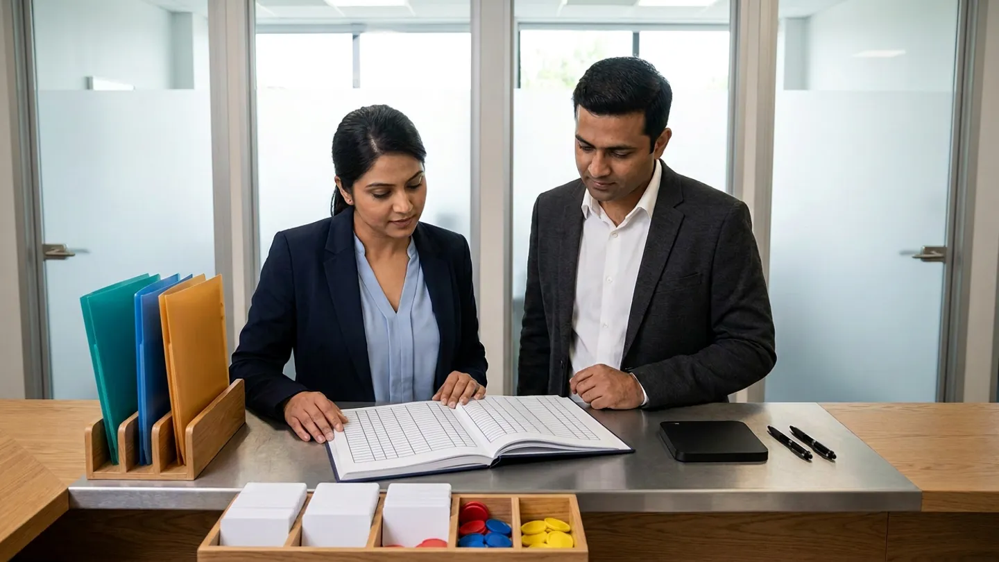 Indian female clinic front-desk lead in a navy blazer over a soft-blue blouse and male clinic operations manager in a charcoal blazer over a white shirt standing at a warm oak and brushed-steel reception counter in front of frosted-glass consultation room doors, reviewing an open navy hardcover patient-flow handover register beside a wooden rack holding upright teal, blue, and amber acrylic folders, a partitioned wooden tray containing stacks of blank white patient cards and red, blue, and yellow round queue tokens, a matte-black desktop card reader pad, and two black pens