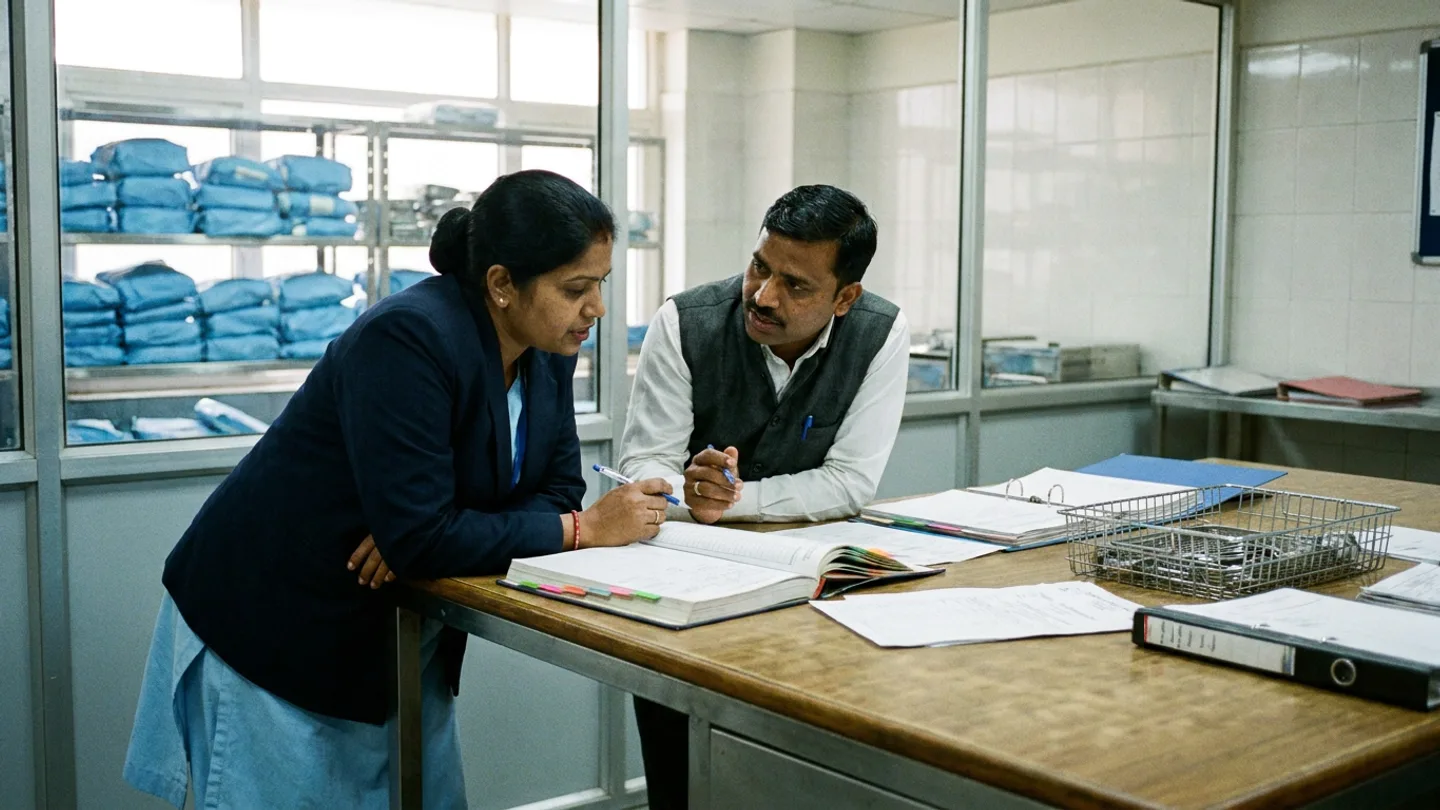 Indian female hospital CSSD supervisor in a navy blazer over a light-blue tunic and male sterile-supply quality coordinator in a charcoal waistcoat over a white shirt standing at a warm oak and stainless-steel inspection table before glass partitions overlooking sterile blue instrument-pack storage racks, comparing an open hardbound batch-release logbook with green, amber, and pink index tabs against an open surgical tray count ring binder alongside a stainless-steel wire-mesh basket holding surgical instruments, a black lever-arch binder, and pens.
