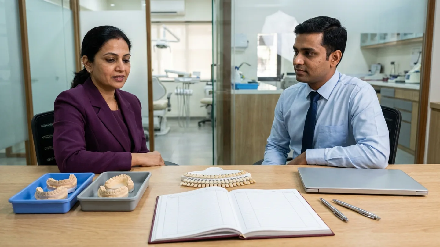Indian female dental clinic director in a tailored plum jacket and male practice administrator in a light-blue collared shirt with a navy tie seated at a warm oak desk with a glass partition overlooking a dental operatory in soft focus, reviewing an open hardbound treatment-stage and lab-dispatch register alongside beige plaster dental arch models in blue and grey plastic lab pans, a ceramic tooth shade guide fan, a closed silver laptop, and two pens.