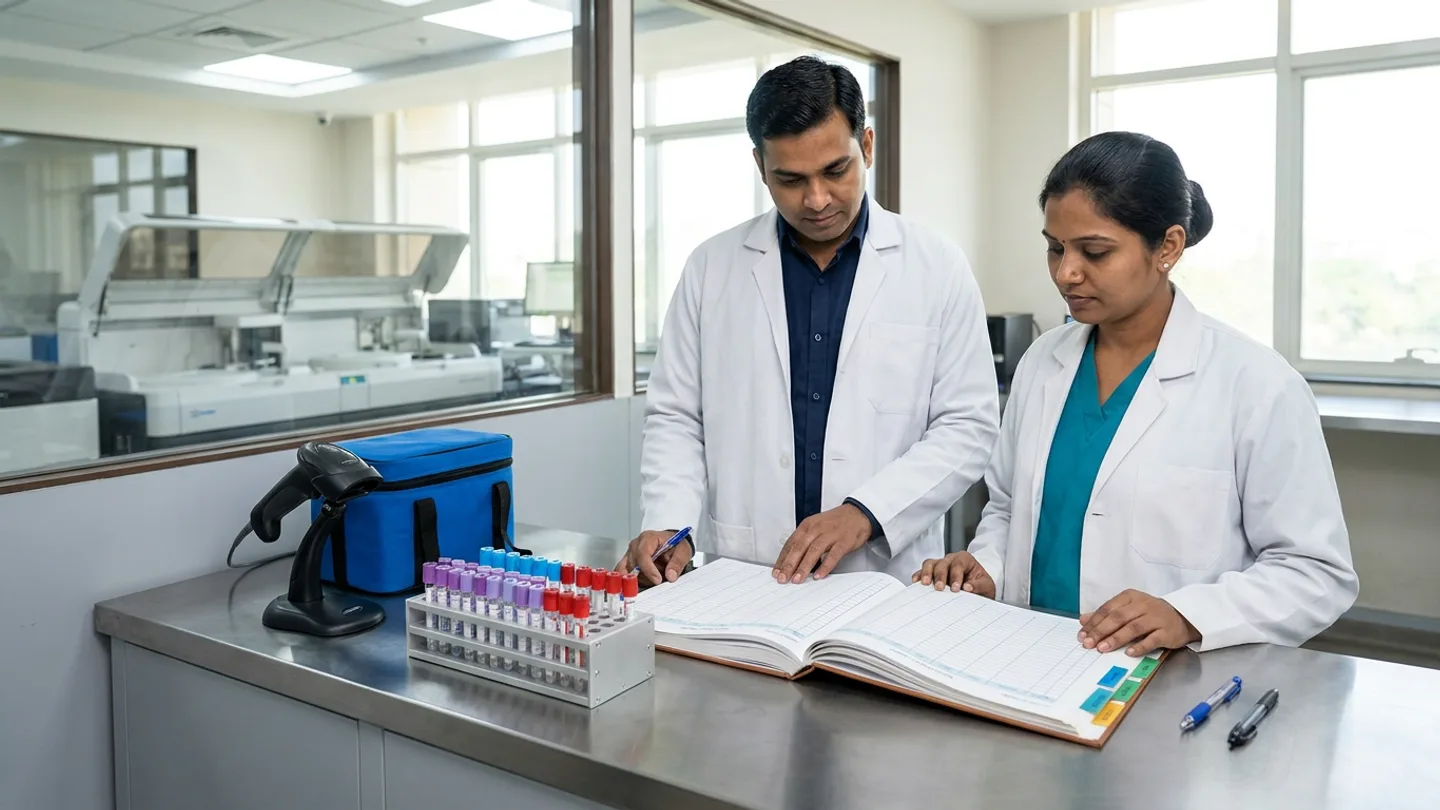 Indian male laboratory operations manager in a white lab coat over a navy collared shirt and female senior pathology technologist in a white lab coat over a teal scrub top standing at a brushed stainless-steel accessioning bench in front of an interior glass window overlooking an automated clinical chemistry analyser bay, reviewing an open colour-tabbed hardcover sample-accessioning register beside an anodised aluminium rack of purple-, blue-, and red-stoppered vacutainer tubes, a blue insulated cold-chain specimen transport bag, a black handheld barcode scanner in its cradle, and three pens