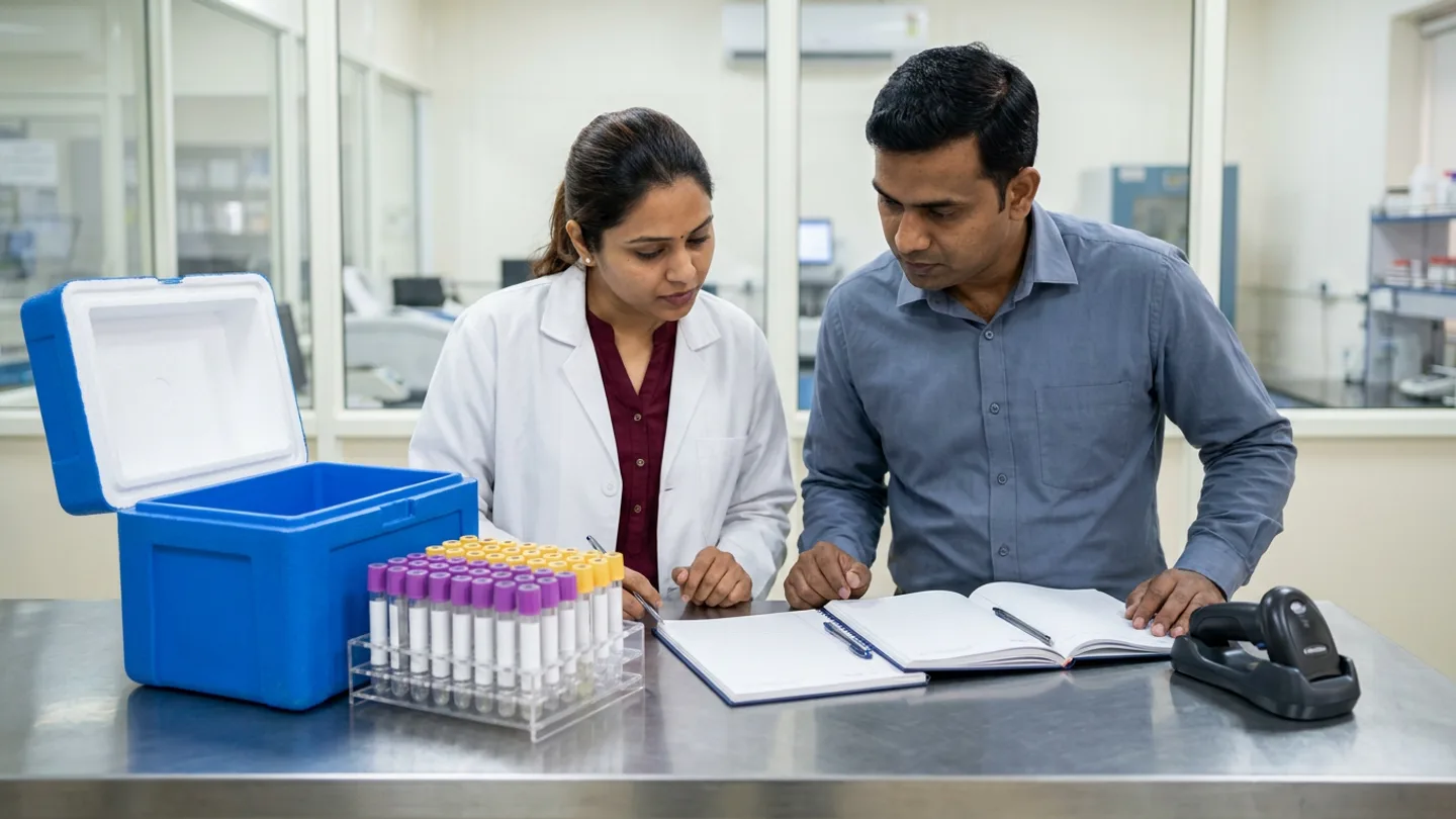 Indian female specimen collection supervisor in a white lab coat over a burgundy shirt and male diagnostic transport coordinator in a slate-blue collared shirt standing at a brushed stainless-steel handover counter inside a glass-partitioned diagnostic laboratory, reviewing two open hardcover chain-of-custody handover registers beside an open blue rigid insulated specimen transport cooler box, a clear acrylic rack of sealed purple-cap and yellow-cap blood collection tubes, a black handheld barcode scanner in its cradle, and three pens.