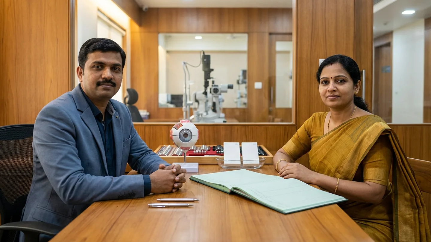 Indian male ophthalmic surgery coordinator in a slate-blue blazer over a dark-blue shirt and female eye-care counsellor in a mustard-gold saree seated at a warm teak table inside an ophthalmic hospital surgical counselling office with an interior window overlooking a slit-lamp examination lane, alongside an anatomical eye model on a stand, a wooden optometry trial-lens tray, two plain white intraocular lens boxes in a clear dish, an open green scheduling register, and two pens.