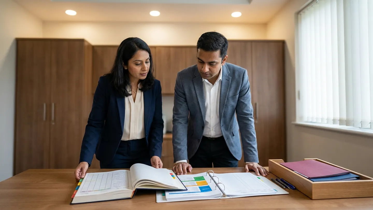 Indian female healthcare data-protection officer in a navy blazer over a cream blouse and male hospital legal-compliance manager in a slate-grey blazer over a white collared shirt standing at a warm oak review table before walnut wall cabinetry and vertical window blinds, comparing an open hardbound personal-data processing inventory register with colour-coded index tabs against an open ring binder of statutory effective-status and processor-obligation checklists with green, amber, and blue status blocks alongside a wooden tray holding plain burgundy and navy compliance folders and two pens.