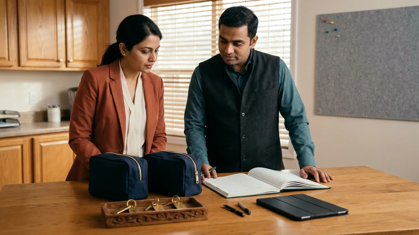 Indian female home-health operations lead in a terracotta blazer over a cream blouse and male field-visit dispatch coordinator in a charcoal vest over a teal shirt standing at a warm oak dispatch table with Venetian window blinds and a grey felt pinboard in the background, reviewing an open green route-assignment register alongside two navy-blue canvas field kit pouches with brass zippers, a carved wooden tray with brass key tags, a closed black tablet, and two pens.