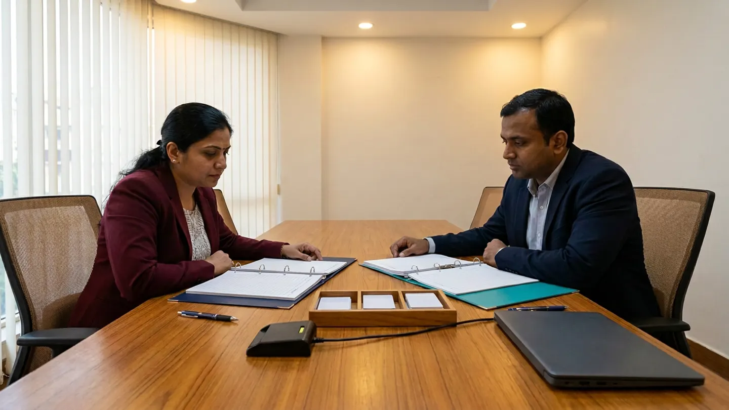 Indian female health-information governance lead in a maroon blazer over a cream blouse and male hospital interoperability architect in a navy blazer over a white collared shirt seated at a warm teak conference table inside a hospital review room with vertical window blinds, reviewing an open navy ring binder and an open teal ring binder alongside a three-compartment wooden tray holding stacks of blank white PVC identity cards, a black desktop smart-card reader, a closed dark-grey laptop, and two pens.