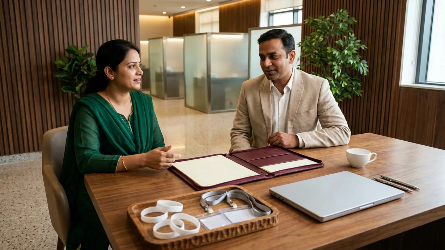 Indian female admissions clearance officer in an emerald-green salwar suit with a draped dupatta and male inpatient coordinator in a light-beige linen blazer over a white collared shirt seated at a walnut table inside a hospital inpatient admissions lounge with vertical walnut wall slats and frosted-glass booths, reviewing an open burgundy leather portfolio with a ruled pad alongside a carved wooden tray holding plain white wristbands and blank ID badge holders on grey lanyards, a closed silver laptop, a white ceramic teacup, and two pens.