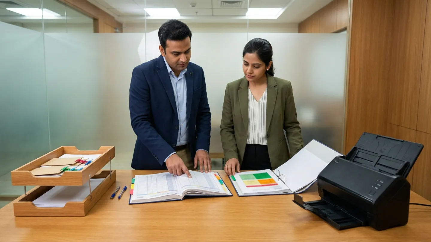 Indian male hospital digital-workflow pilot lead in a navy blazer over a light-blue collared shirt and female health-records intake supervisor in an olive-green blazer over a pinstriped blouse standing at a warm oak review table before a frosted glass partition and warm timber wall panelling, comparing an open hardbound document-intake pilot validation register with colour-coded index tabs against an open ring binder of human-in-the-loop verification checklists with green, amber, and red status blocks alongside a two-tier wooden sorting tray holding kraft folders with coloured clip tabs, a compact matte-black desktop sheet-fed document scanner, and two pens.