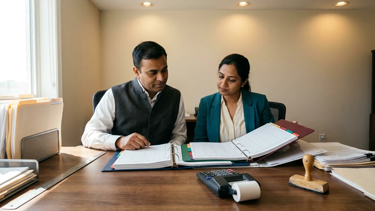 Indian male hospital accounts payable executive in a charcoal vest over a white collared shirt and female medical stores receiving coordinator in a teal blazer over a cream blouse seated side by side at a warm walnut desk, comparing three open colour-tabbed ring binders in navy, green, and burgundy with ruled grids alongside a desktop printing calculator with a blank white paper roll, a wooden rubber stamp, a stainless-steel ruler, and metal mesh trays holding manila voucher files.