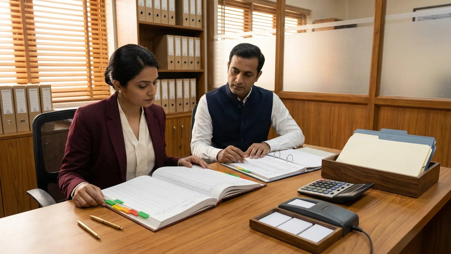 Indian female hospital payroll operations manager in a burgundy blazer over an ivory blouse and male shift-attendance coordinator in a navy waistcoat over a white shirt seated at a teak worktable before wooden venetian blinds and frosted glass partitions, reconciling an open hardbound shift-attendance and overtime ledger with green, amber, and red index tabs against an open department roster ring binder alongside a desktop calculator, a wooden tray holding three blank white proximity cards beside a corded badge reader, a walnut box with cream and slate-blue folders, and two brass pens.