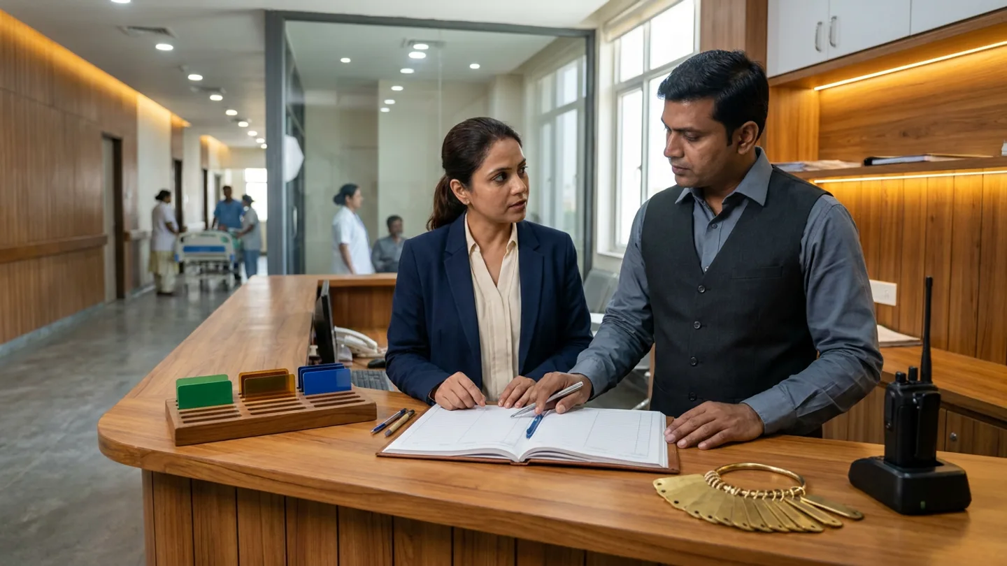 Indian female bed allocation manager in a navy blazer over a cream blouse and male environmental services supervisor in a charcoal vest over a slate-grey shirt standing at a curved warm timber coordination counter overlooking an inpatient ward corridor with staff beside a wheeled hospital bed in soft focus, reviewing an open ruled bed turnover register alongside a slotted wooden organizer holding solid green, amber, and blue acrylic status cards, a brass ring of room key tags, and a matte-black two-way radio handset in its charging cradle.