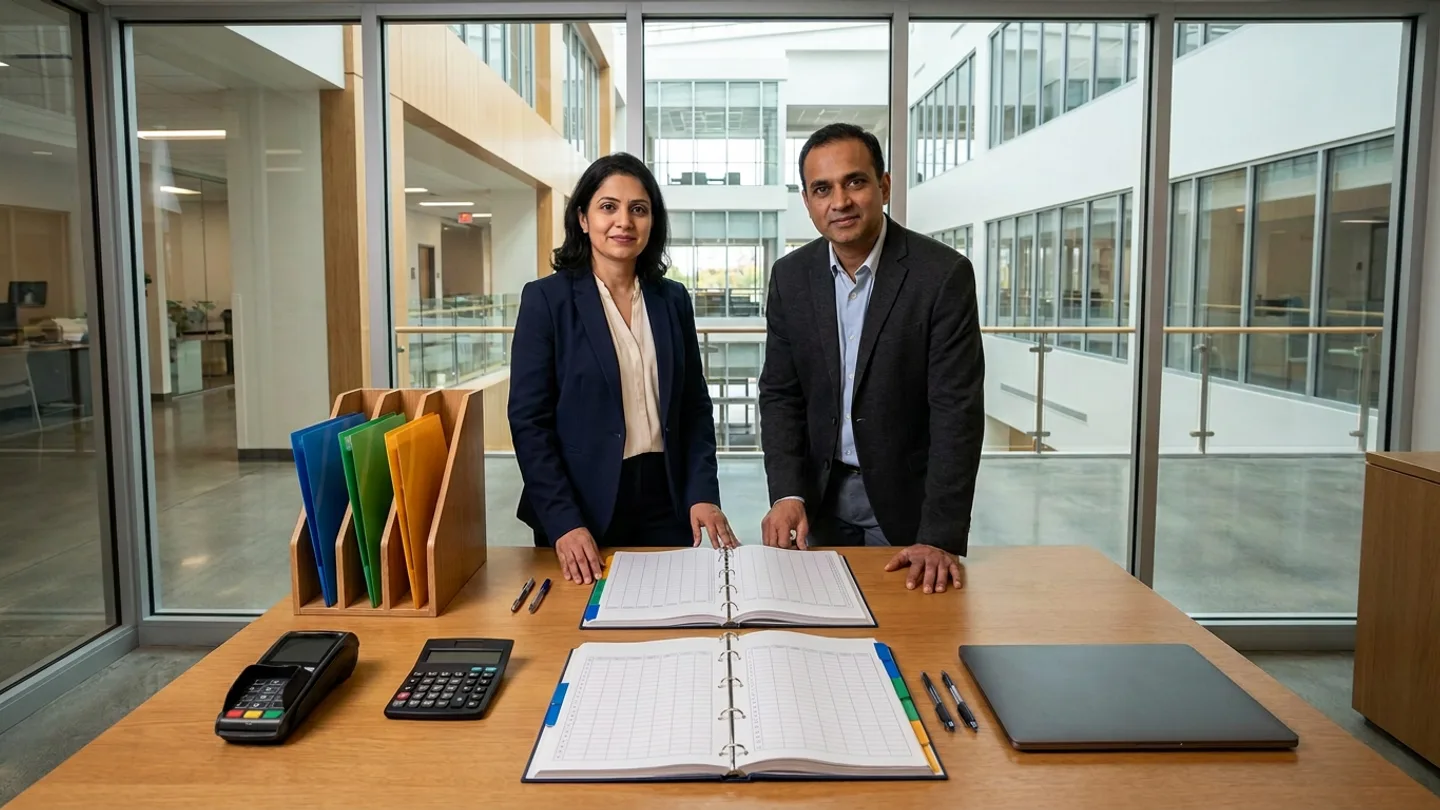 Indian female hospital revenue-cycle manager in a navy blazer over a cream blouse and male inpatient billing supervisor in a charcoal jacket over a light-blue collared shirt standing at a warm oak review table inside a glass-partitioned office overlooking a hospital atrium, reviewing two open colour-tabbed ring-binder billing-audit registers alongside a wooden rack holding upright blue, green, and amber discharge folders, a matte-black payment card terminal, a desktop calculator, a closed dark-grey laptop, and four pens