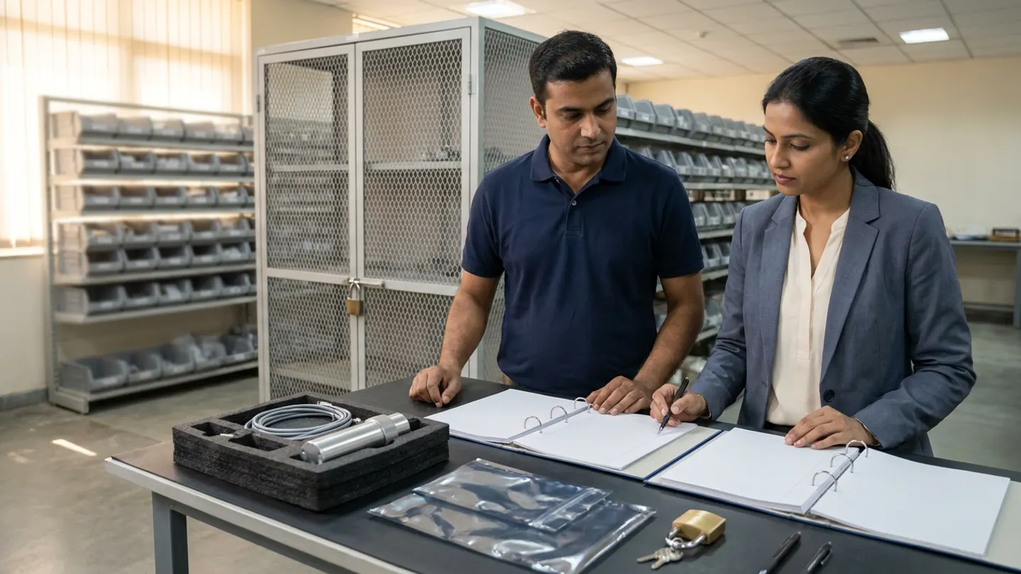 Indian male biomedical engineering store controller in a navy polo shirt and female clinical engineering manager in a slate-grey blazer over a cream blouse standing at a dark grey anti-static workbench in front of a padlocked steel mesh security cabinet and parts-bin racks, reviewing two open ring binders with ruled sheets alongside a compartmentalised black foam tray holding a cylindrical brushed-aluminium sensor module and a coiled grey sensor cable, two translucent silver anti-static pouches, a brass padlock with keys, and pens.
