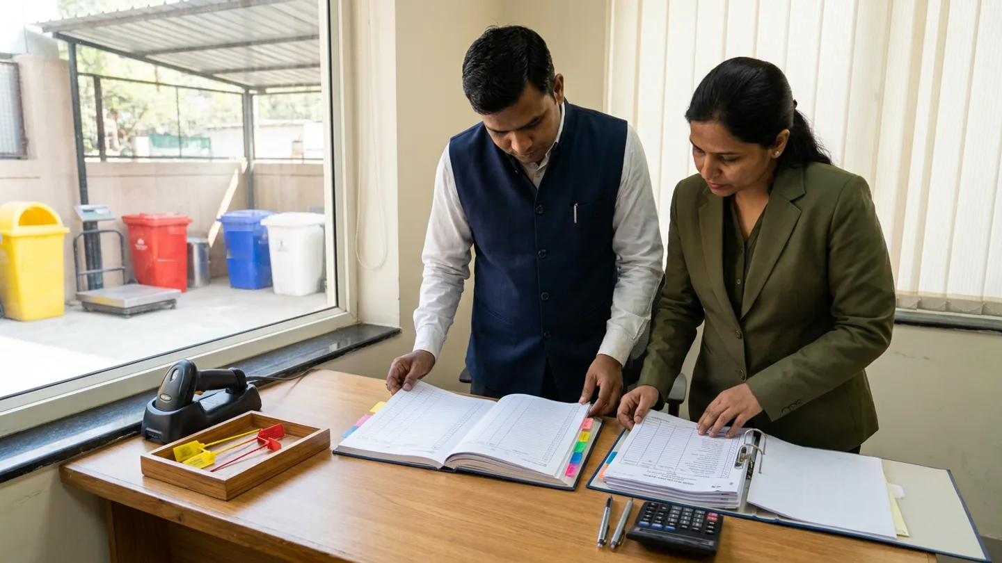 Indian male hospital environmental-safety officer in a navy waistcoat over a white collared shirt and female quality coordinator in an olive-green blazer over a dark-green blouse standing at a warm oak desk beside a window overlooking a covered utility bay with yellow, red, blue, and white collection bins and a platform weighing scale, comparing an open hardbound biomedical waste handover register with colour-coded index tabs against an open vendor manifest ring binder alongside a corded barcode scanner in its cradle, a wooden tray with yellow and red tie-tag loops, a desktop calculator, and two silver pens.