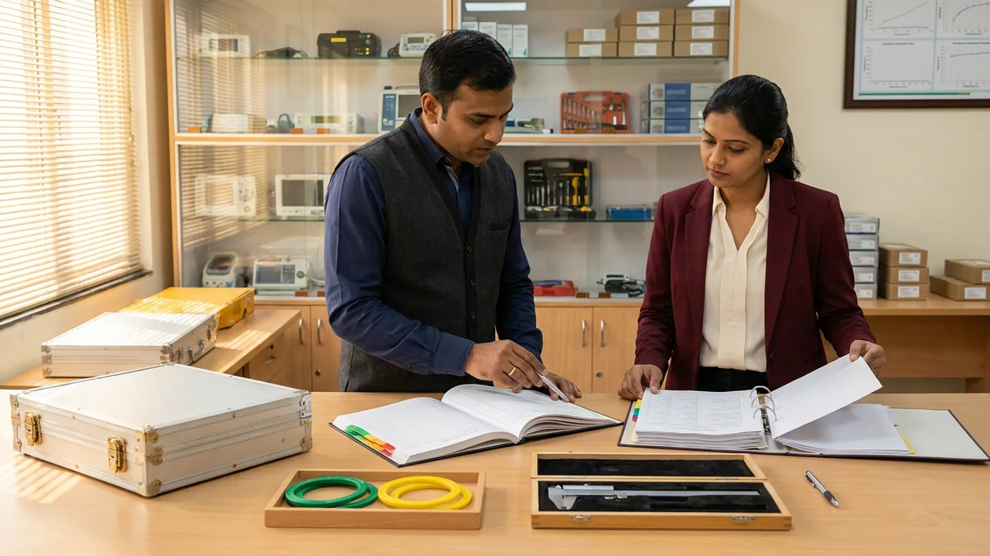 Indian male hospital biomedical engineering lead in a dark-blue shirt and charcoal waistcoat and female quality-records coordinator in a maroon blazer over a cream blouse standing at a light-oak workbench before glass-fronted workshop shelving and window blinds, cross-checking an open hardbound calibration evidence register with green, amber, and red index tabs against an open ring binder of vendor calibration dossiers alongside a closed brushed-aluminium equipment case with brass latches, a wooden tray holding green and yellow ring loops, a stainless-steel vernier caliper in a velvet-lined wooden box, and two silver pens.
