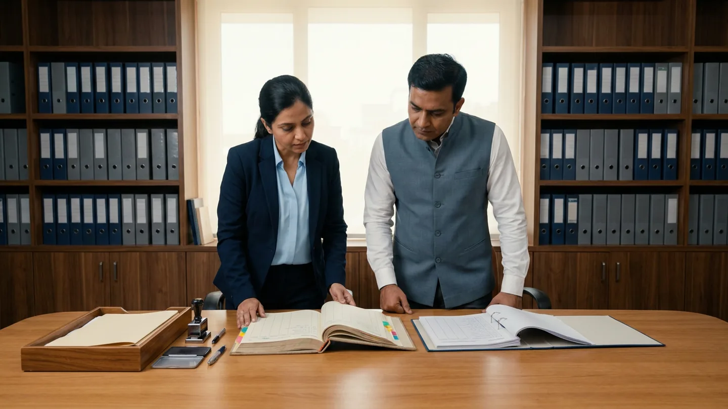 Indian female hospital quality-assurance lead in a navy blazer over a light-blue shirt and male clinical operations audit coordinator in a slate-grey waistcoat over a white shirt standing at a warm oak review table before walnut shelving filled with rows of dark-blue and grey lever-arch box files, comparing an open hardbound CAPA register with colour-coded index tabs against an open effectiveness-verification evidence ring binder alongside a wooden tray holding plain cream case folders, a chrome rubber-stamp handle next to an open stamp pad, and two pens.