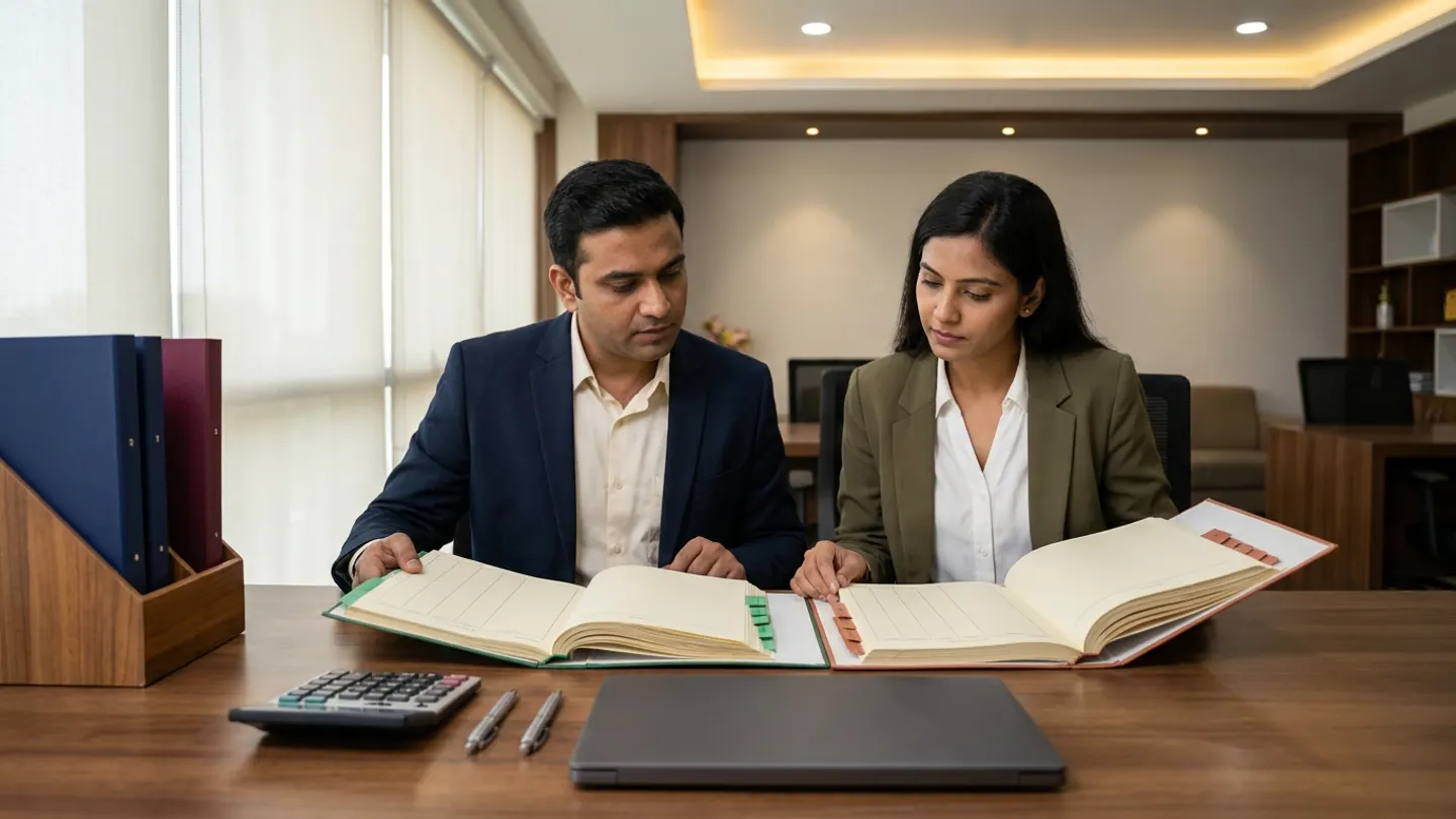 Indian male hospital treasury manager in a navy suit jacket over a cream shirt and female working-capital planner in an olive blazer over a white blouse seated at a walnut desk before sheer window blinds, comparing two open wide-format cash-flow schedule binders with green and terracotta index tabs alongside a wooden desk caddy holding upright navy and burgundy binders, a desktop calculator, two silver pens, and a closed dark-grey laptop.