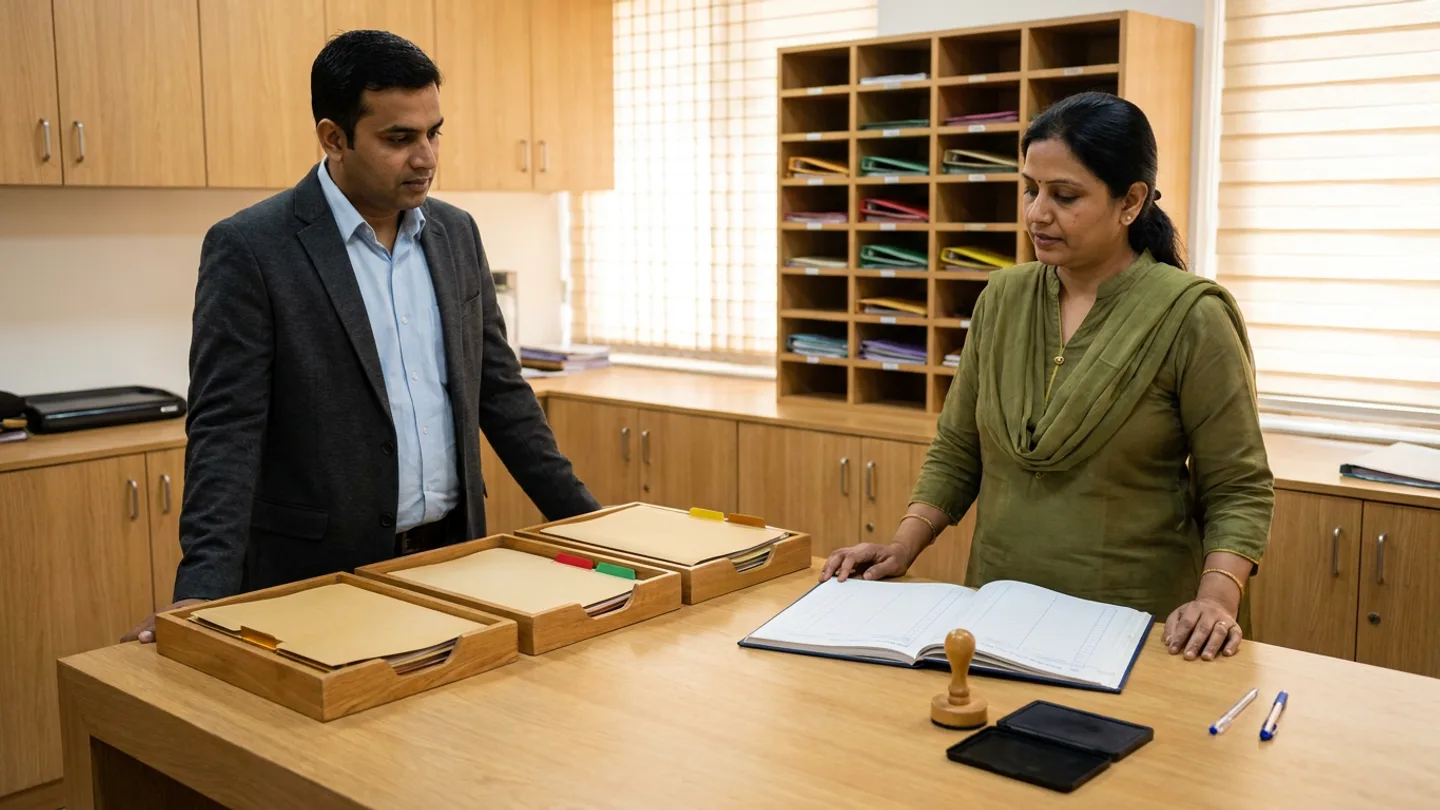 Indian male insurance claims resolution manager in a charcoal blazer over a light-blue collared shirt and female claims documentation auditor in an olive-green salwar suit standing at a light-oak audit table inside a hospital revenue-cycle office with a wooden pigeonhole archive unit, reviewing an open navy claims-exception register alongside three wooden trays holding manila folders with amber, red, and green index tabs, a wooden rubber stamp beside an open black ink pad, and two pens.