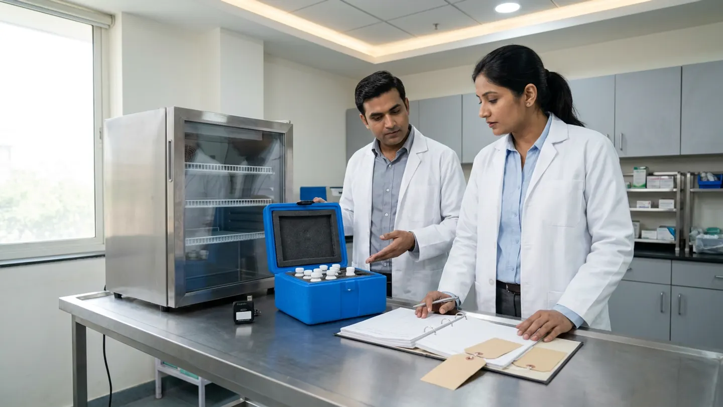 Two Indian hospital pharmacy and quality-assurance officers in collared shirts under white lab coats standing at a stainless-steel inspection bench beside a closed glass-door pharmaceutical refrigerator, reviewing an open disposition ring binder with buff quarantine tags alongside an open blue insulated vaccine transport cooler holding white vials in a foam insert, a compact USB temperature logger dongle, and a silver pen.