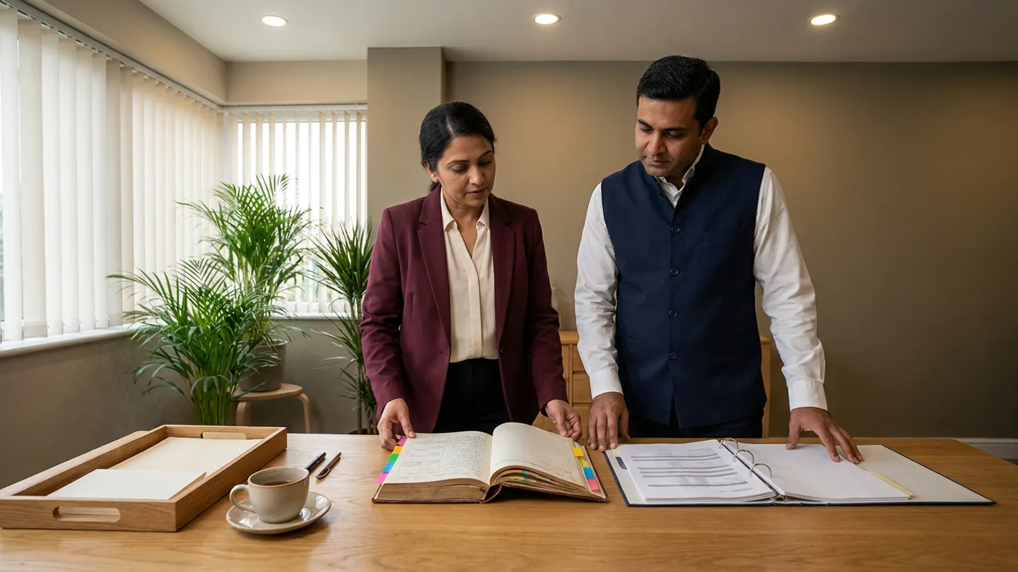 Indian female hospital patient-experience lead in a burgundy blazer over a cream blouse and male clinical operations coordinator in a navy waistcoat over a white shirt standing at a warm oak table in a calm consultation office with vertical blinds and indoor palm greenery in the background, comparing an open hardbound patient grievance register with colour-coded index tabs against an open department root-cause and closure-evidence ring binder alongside a wooden tray holding plain cream feedback cards, a ceramic teacup on a saucer, and two pens.