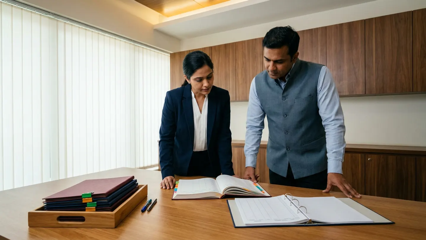 Indian female hospital compliance director in a navy blazer over a white blouse and male facility regulatory coordinator in a slate-grey waistcoat over a light-blue collared shirt standing at a warm oak review table before walnut wall cabinetry and vertical window blinds, comparing an open hardbound facility statutory-obligations and licence-renewal register with colour-coded index tabs against an open ring binder of jurisdiction-specific inspection and renewal-evidence sheets alongside a wooden tray holding plain burgundy and navy certificate folders with green and amber renewal tab clips, and two pens.