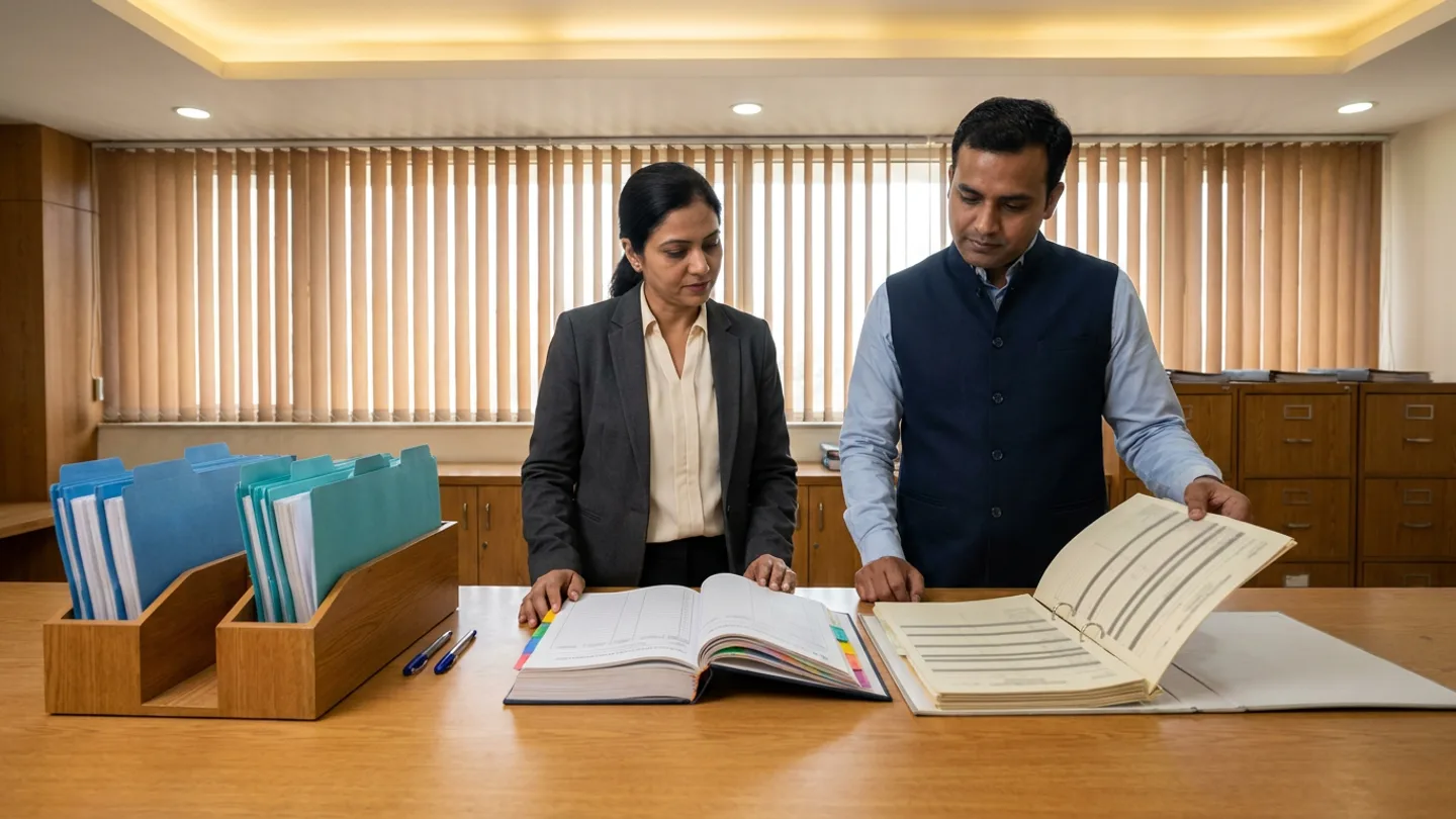 Indian female hospital medical-records supervisor in a charcoal blazer over a cream blouse and male admission-documentation coordinator in a navy waistcoat over a light-blue collared shirt standing at a warm oak desk before wooden archival cabinets and vertical window blinds, comparing an open hardbound clinical procedure-consent verification register with colour-coded index tabs against an open ring binder of separated data-privacy and communication-permission forms alongside a two-compartment wooden organiser holding distinct stacks of blue-tabbed folders and teal-tabbed folders, and two pens.