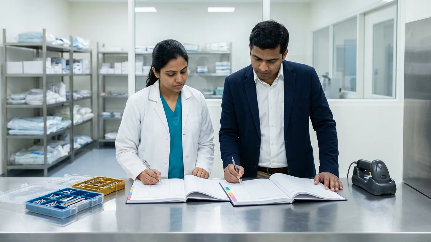 Indian female operating-theatre stores coordinator in a white lab coat over a teal scrub top and male hospital supply-chain auditor in a navy blazer over a white collared shirt standing at a brushed stainless-steel counter inside a sterile-store review area with metal storage racks behind them, signing two open colour-tabbed hardcover consignment implant reconciliation registers beside two open blue and amber compartmented orthopedic implant trays holding titanium plates and screws and a black handheld barcode scanner in its cradle.