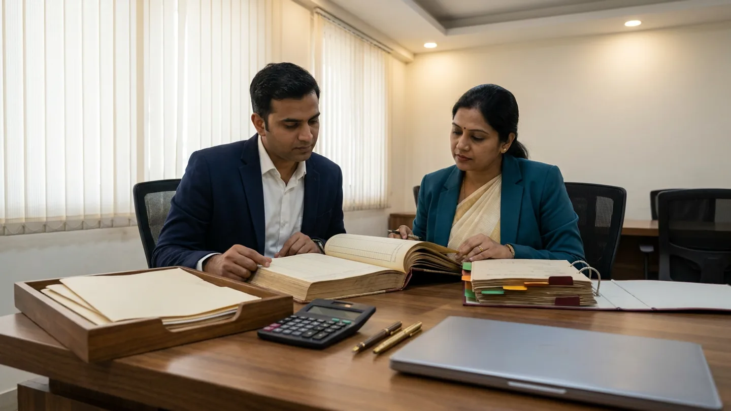 Indian male hospital finance manager in a navy blazer over a white shirt and female medical-administration payout specialist in a teal blazer over a cream saree seated at a walnut desk before vertical window blinds, cross-checking an open hardbound consultant fee-share settlement ledger against an approved contract schedule ring binder with green, amber, and maroon index tabs alongside a wooden tray holding cream folders, a desktop calculator, two brass pens, and a closed silver laptop.