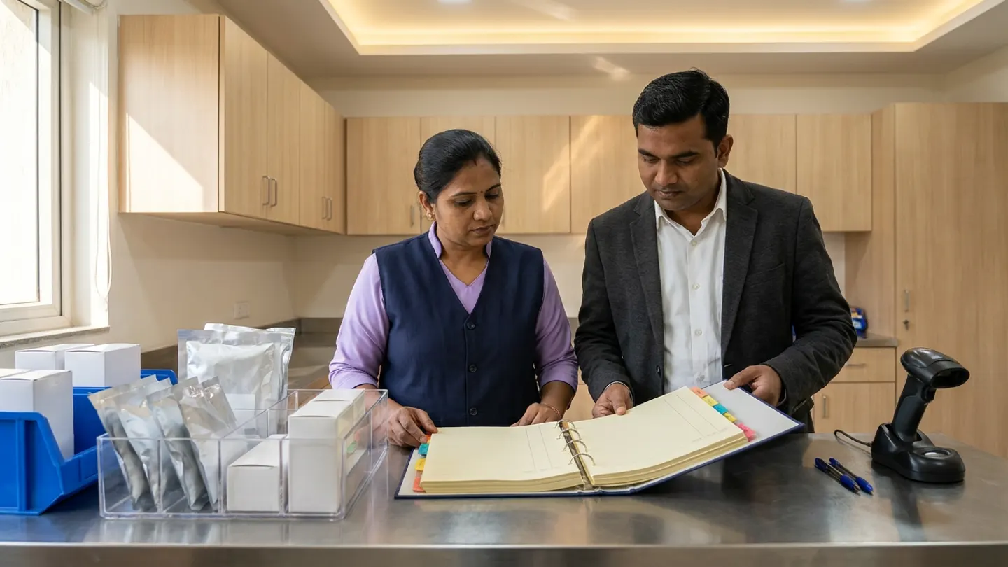 Indian female ward nursing supervisor in a lavender tunic with a navy vest and male ward inventory coordinator in a charcoal blazer over a white collared shirt standing at a stainless-steel counter inside an inpatient ward utility room with wooden wall cabinets, reviewing an open colour-tabbed ring binder alongside a clear acrylic multi-compartment procedure tray holding sealed silver medical pouches and plain white cartons, a blue plastic bulk ward-issue bin, a black handheld barcode scanner in its cradle, and two blue pens.