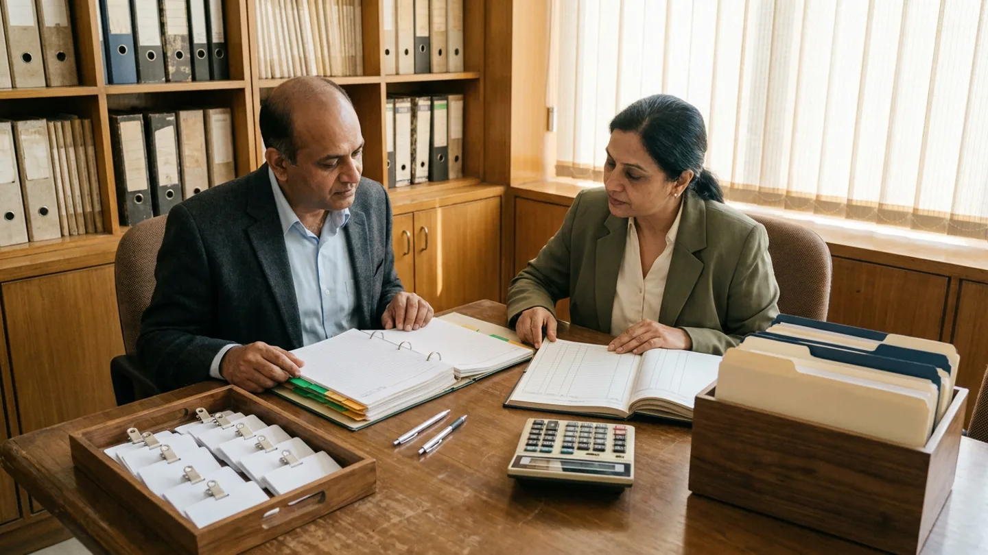 Indian male hospital vendor-governance lead in a charcoal blazer over a pale-blue shirt and female HR readiness coordinator in an olive-green blazer over a cream blouse seated at a walnut worktable before wooden archival shelving and vertical window blinds, comparing an open outsourced-staff deployment readiness ring binder with green and amber index tabs against an open hardbound vendor invoice verification ledger alongside a wooden tray holding blank white contractor ID badges with metal clips, a walnut file box with cream and navy folders, a desktop calculator, and two silver pens.