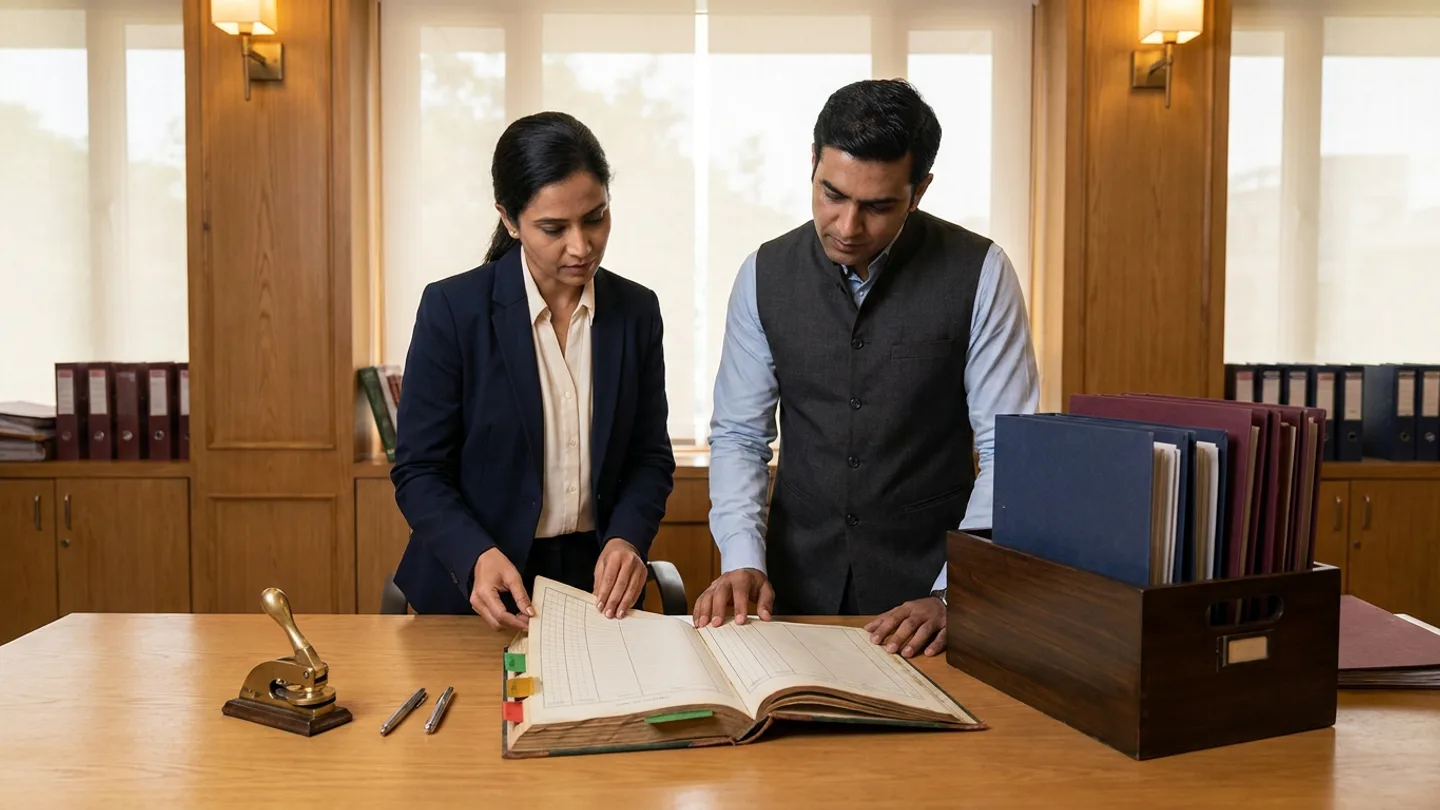 Indian female hospital medical-affairs credentialing lead in a navy blazer over a cream blouse and male HR compliance specialist in a charcoal waistcoat over a light-blue shirt standing at a warm oak desk before wood-panelled walls and sheer window blinds, examining an open clinical credential and privilege verification register with blank ruled columns and green, amber, and red index tabs alongside a dark wooden filing box holding upright navy and burgundy dossier folders, a brass desktop embossing seal press, and two silver pens.