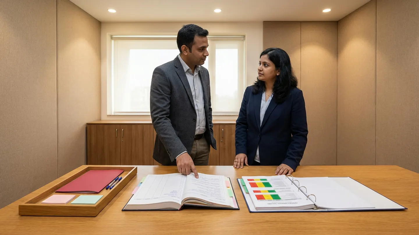 Indian male hospital cyber-resilience lead in a charcoal blazer over a white collared shirt and female clinical continuity coordinator in a navy blazer over a light-blue blouse standing at a warm oak review table before warm acoustic wall panels and a low walnut credenza, comparing an open hardbound cyber-incident handover and escalation register with colour-coded index tabs against an open ring binder of offline clinical continuity checklists with red, amber, and green status blocks alongside a wooden tray holding a crimson emergency handover folder, plain pastel role cards, and two pens.