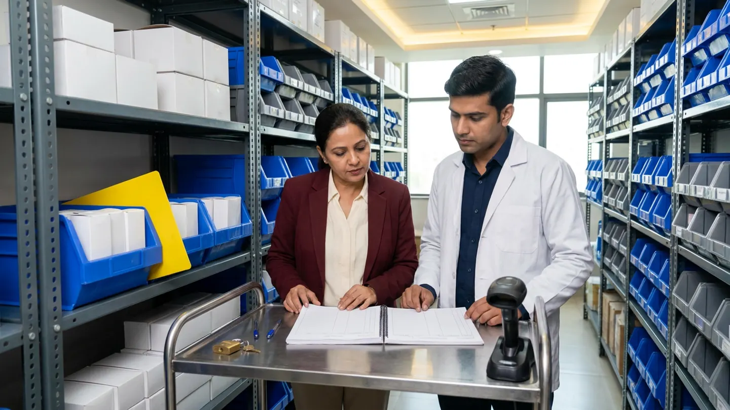 Indian female hospital inventory audit lead in a maroon blazer over a cream blouse and male pharmacy storekeeper in a white lab coat over a navy collared shirt standing at a mobile stainless-steel cycle-counting trolley inside a hospital central medical stores aisle with steel racking and blue and grey storage bins, reviewing an open spiral-bound cycle-count register alongside a bright yellow plastic stock-freeze divider paddle placed between blue storage bins holding plain white medicine cartons, a black handheld barcode scanner in its cradle, a brass padlock with keys, and two blue pens.