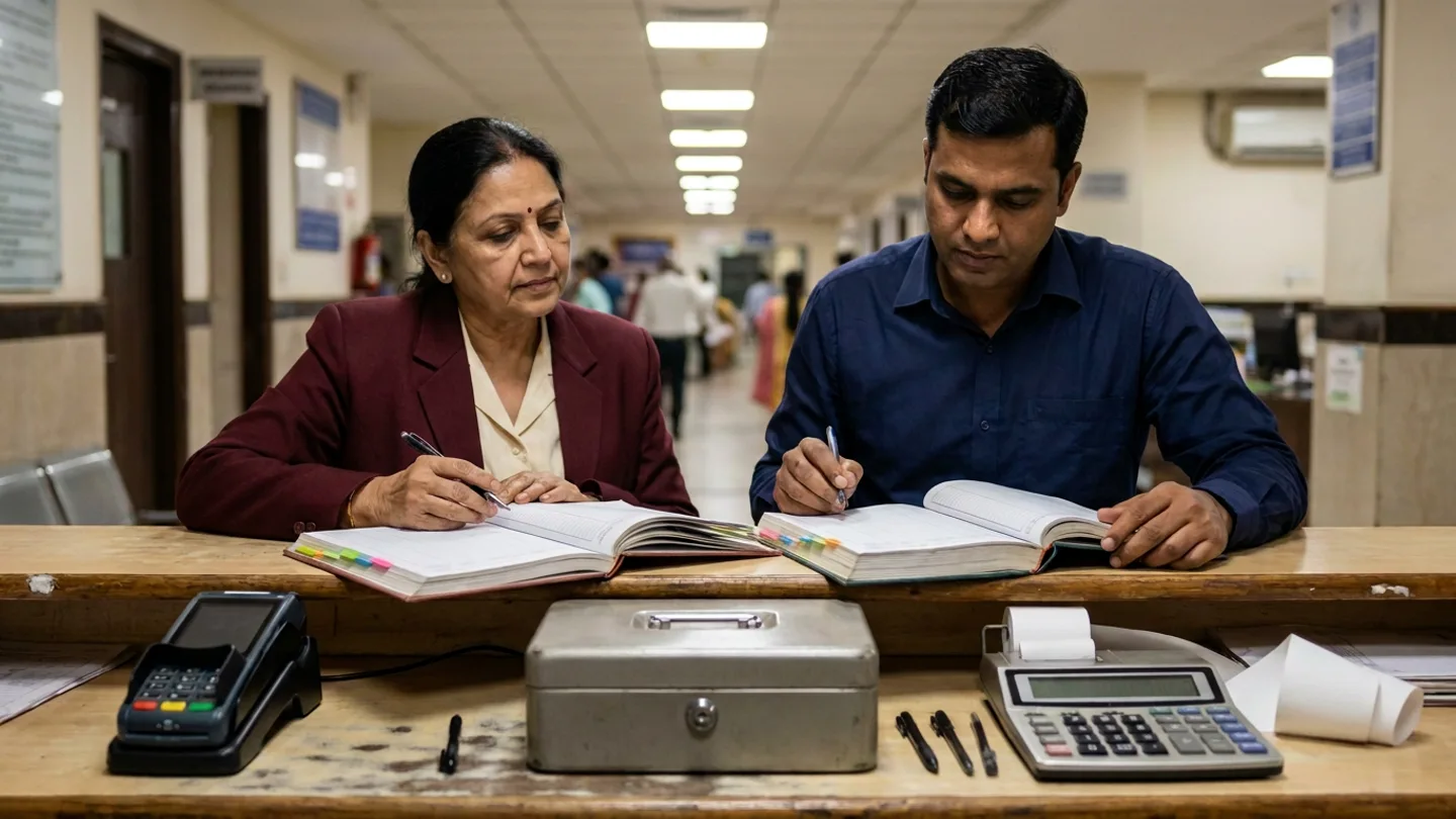 Indian female senior hospital cashier supervisor in a maroon blazer over a cream blouse and male revenue audit officer in a navy formal shirt seated at a two-tier wooden billing counter inside a hospital administration corridor, reviewing two open colour-tabbed day-close collection registers above a lower counter holding a black handheld POS card payment terminal in its dock with an unlit screen, a locked brushed-steel cash box, a silver desktop printing calculator with an unlit display and blank white paper rolls, and four pens.