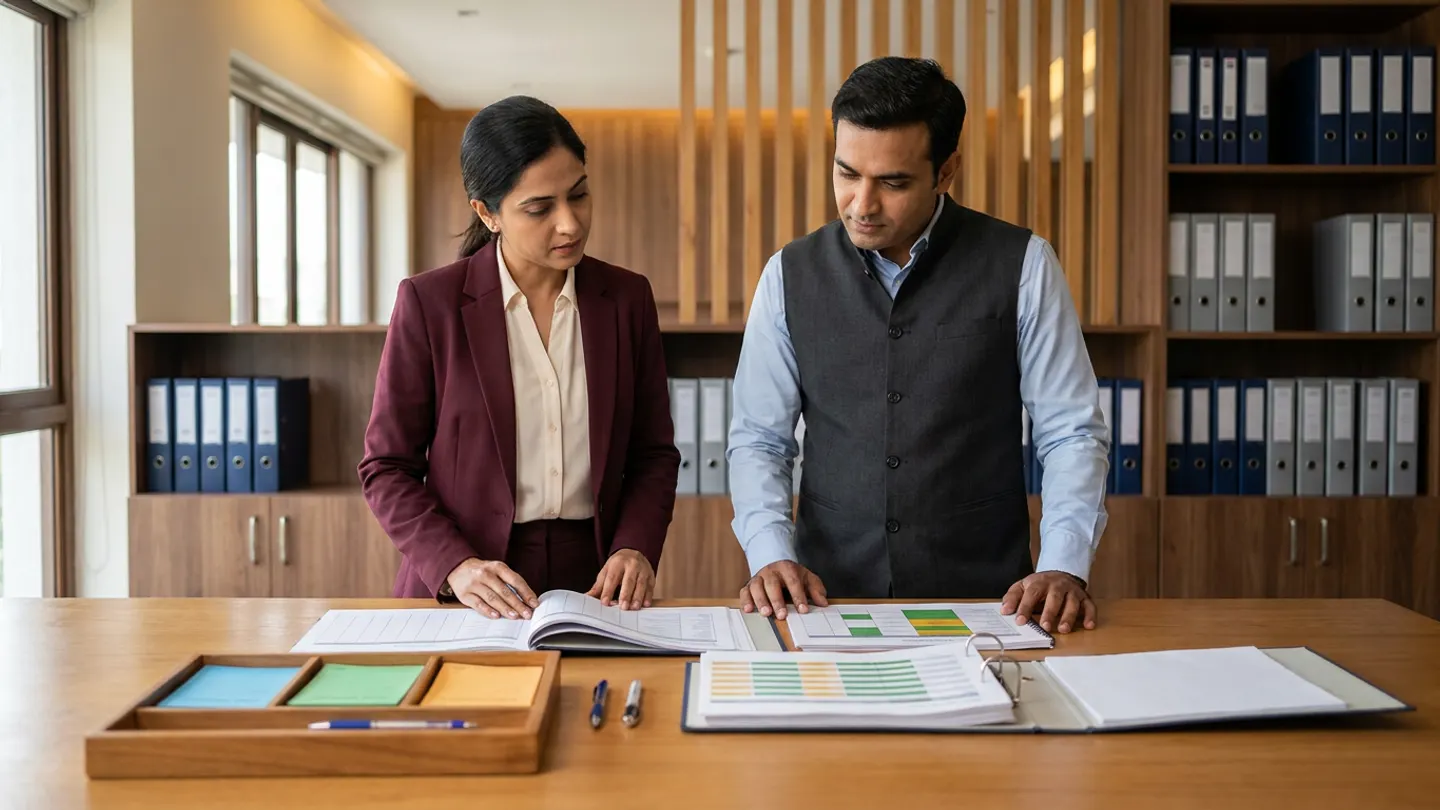 Indian female hospital health-informatics migration lead in a burgundy blazer over a cream blouse and male clinical records reconciliation coordinator in a charcoal waistcoat over a light-blue collared shirt standing at a warm oak review table before walnut shelving filled with rows of navy and grey lever-arch binders and vertical timber slats, comparing an open hardbound data-migration cutover and rollback sign-off register against a spiral-bound reconciliation matrix and an open ring binder of source-to-target batch checklists with green and amber status blocks alongside a wooden organiser tray holding plain blue, green, and amber batch-verification cards and pens.
