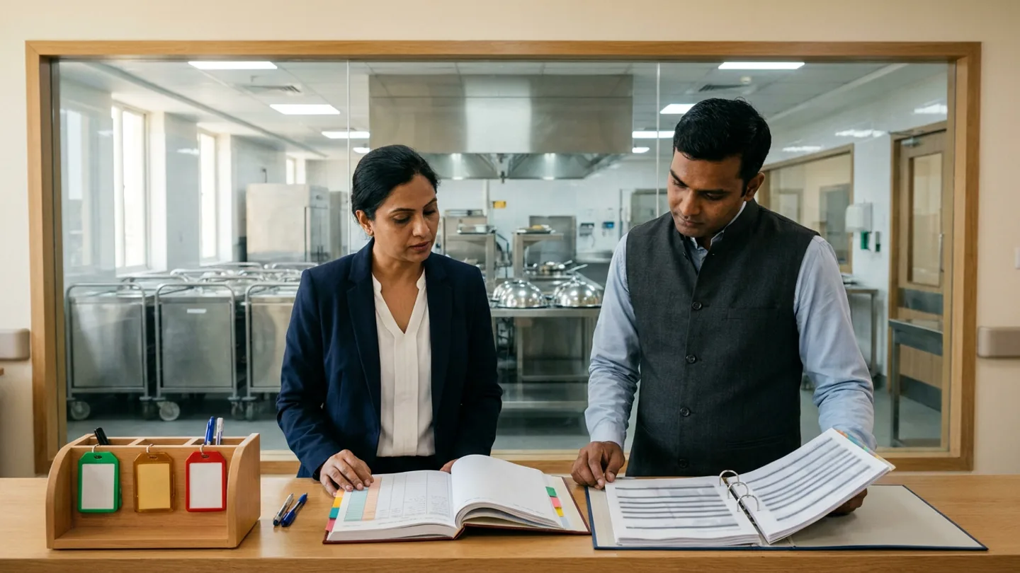 Indian female hospital clinical nutrition supervisor in a navy blazer over a white blouse and male food-service operations coordinator in a charcoal waistcoat over a light-blue collared shirt standing at a warm oak desk beside an interior glass window overlooking an unoccupied stainless-steel dietary tray-assembly bay with insulated meal delivery trolleys and covered stainless meal domes, comparing an open hardbound ward dietary-modification and allergy verification register with colour-coded index tabs against an open kitchen tray-routing ring binder alongside a wooden organiser holding blank green, amber, and red diet-category clip tags, and pens.