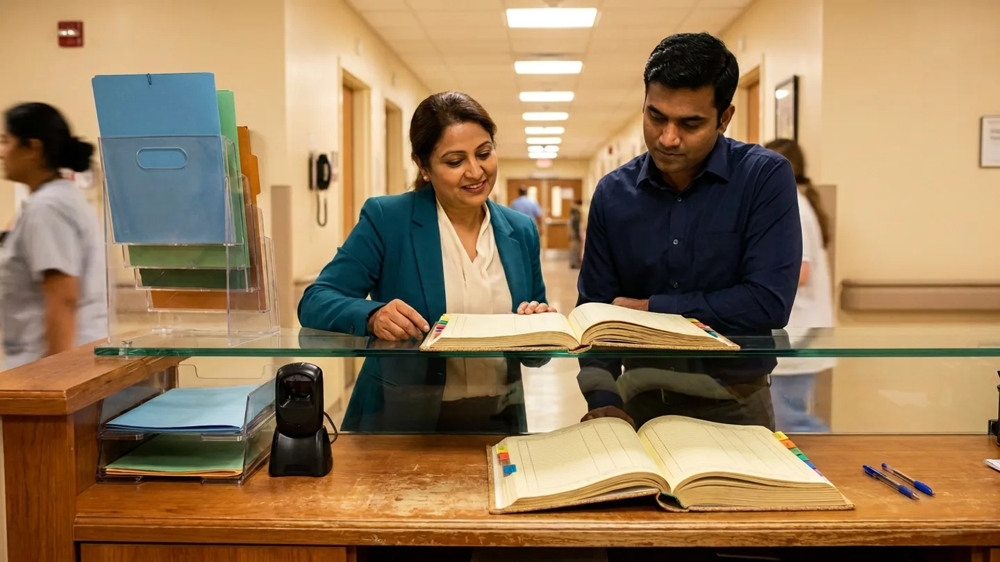 Indian female ward floor coordinator in a teal blazer over a cream blouse and male inpatient billing clearance officer in a navy formal shirt standing at a two-tier wood-and-glass inpatient nursing station counter, reviewing two open colour-tabbed hardcover discharge milestone registers alongside a clear tiered acrylic rack holding blue, green, and amber inpatient chart folders, a black handheld barcode scanner in its cradle, and two blue pens.
