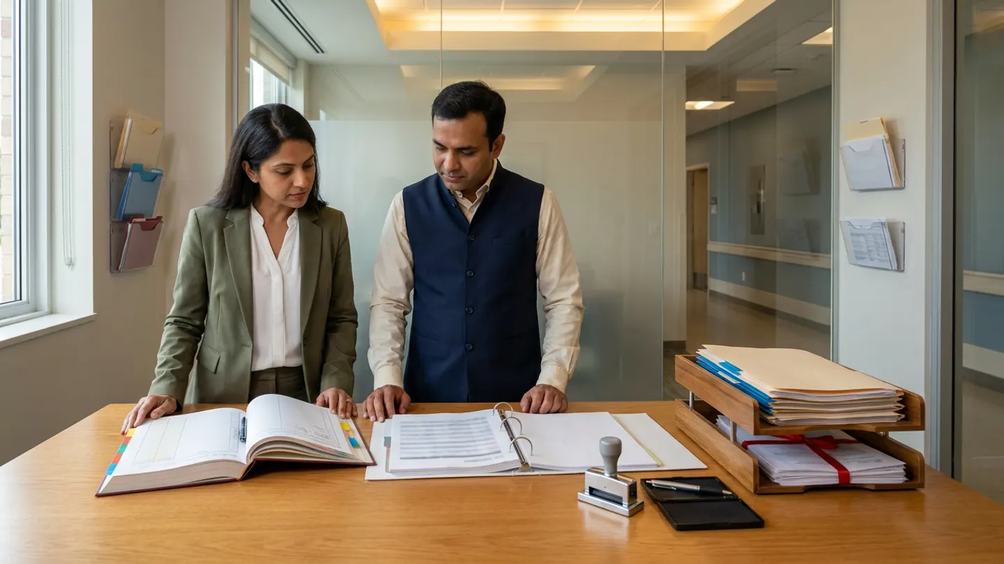 Indian female hospital document controller in an olive-green blazer over a white blouse and male clinical operations coordinator in a navy waistcoat over a cream collared shirt standing at a warm oak review table before a glass partition looking onto a quiet hospital corridor with wall-mounted acrylic document holders, comparing an open hardbound master document-distribution and obsolete-copy withdrawal register with colour-coded index tabs against an open controlled-procedure ring binder alongside a two-tier wooden tray holding current blue-tabbed folders on the top tier and superseded sheets bound with a red ribbon on the lower tier, a chrome desk stamp next to an open stamp pad, and a pen.