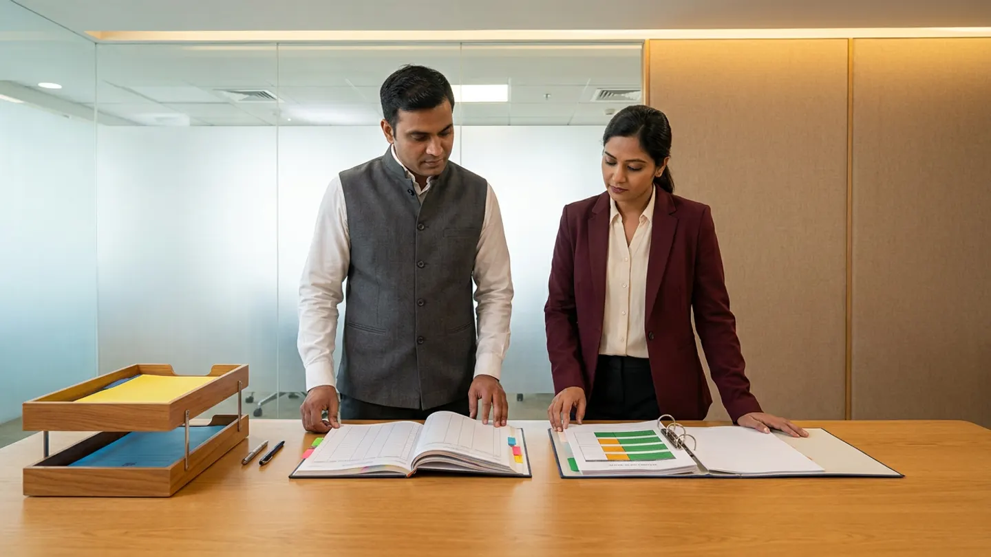 Indian male hospital clinical-operations continuity lead in a charcoal waistcoat over a white collared shirt and female medical-records reconciliation supervisor in a burgundy blazer over a cream blouse standing at a warm oak review table before a frosted glass partition and warm acoustic wall panels, comparing an open hardbound downtime rehearsal and back-entry reconciliation register with colour-coded index tabs against an open ring binder of paper-to-digital catch-up verification checklists with green and amber status blocks alongside a two-tier wooden sorting tray holding plain yellow downtime folders on the top tier and blue reconciled folders on the lower tier, and two pens.