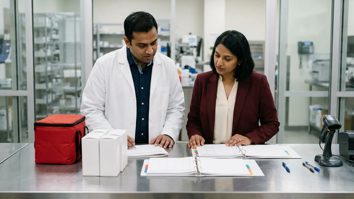 Indian male duty pharmacy store officer in a white lab coat over a navy collared shirt and female hospital purchase controller in a maroon blazer over a cream blouse standing at a brushed stainless-steel receiving counter inside a glass-partitioned pharmacy receiving bay, reviewing three open colour-tabbed emergency purchase control registers beside a zipped red insulated urgent medical delivery bag, four plain white pharmaceutical cartons, a black handheld barcode scanner in its stand, and three pens.