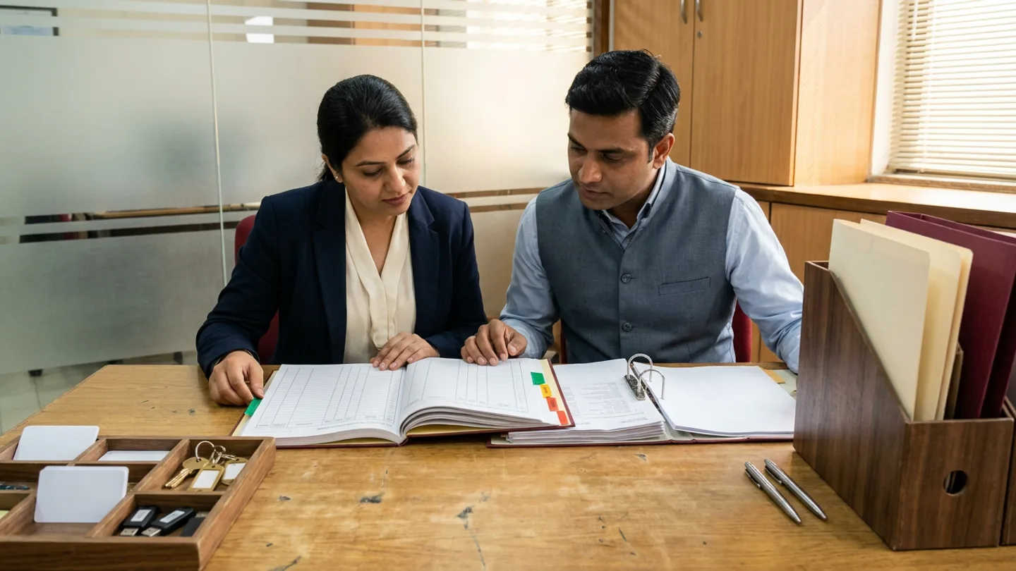Indian female hospital HR onboarding lead in a navy blazer over an ivory blouse and male IT access-control administrator in a slate-grey waistcoat over a light-blue shirt seated at a warm oak worktable before frosted glass partitions and wooden cabinetry, reviewing an open hardbound access provisioning register with green, amber, and red index tabs alongside an open department role-clearance ring binder, a compartmented wooden tray holding blank white smartcards, brass keys on blank tags, and black USB security tokens, a walnut magazine file holding cream and burgundy folders, and two silver pens.