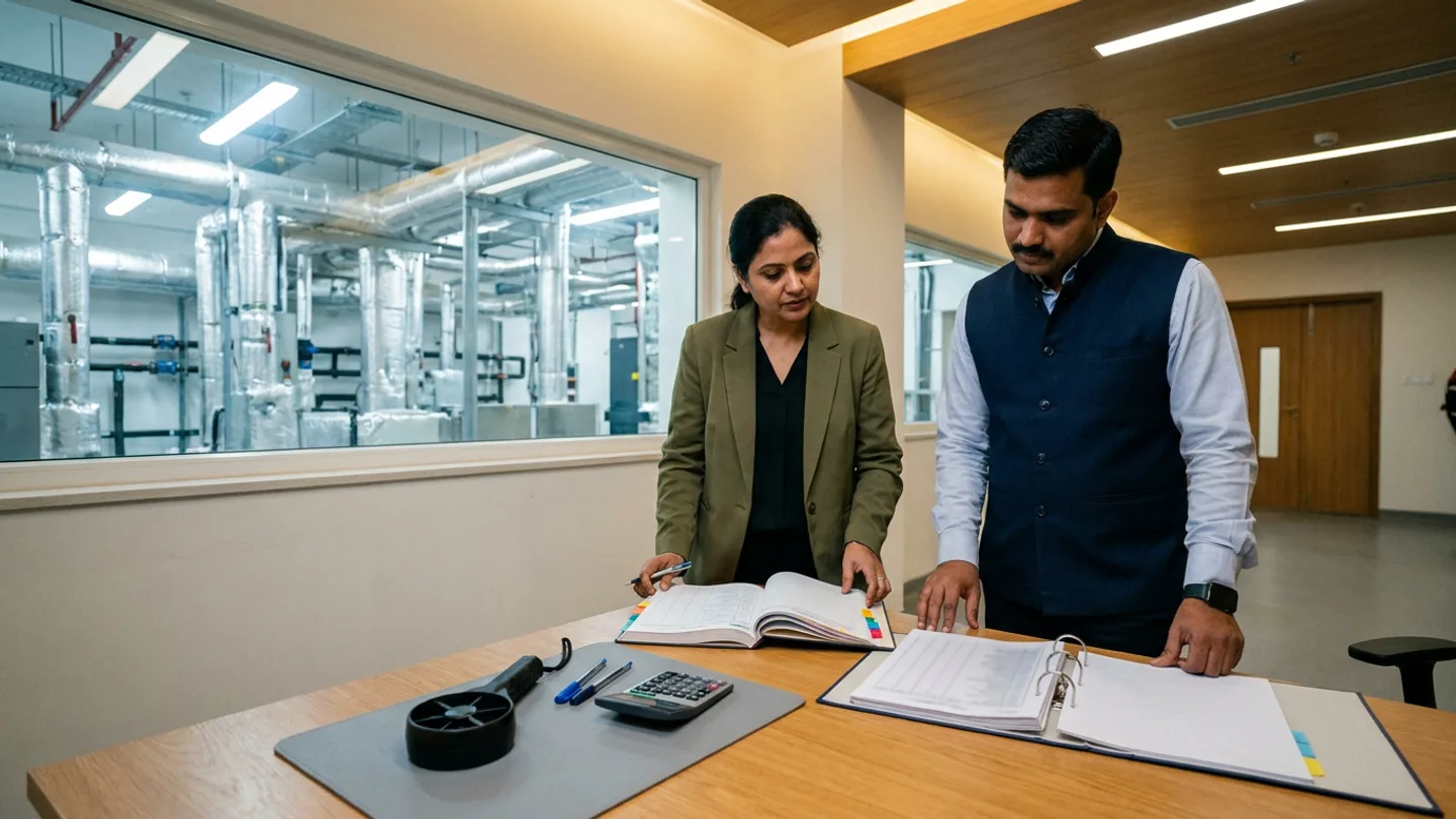 Indian female hospital facilities engineering manager in an olive-green blazer over a dark blouse and male plant operations coordinator in a navy waistcoat over a light-blue collared shirt standing at a warm oak review table beside an interior window overlooking a clean HVAC and chilled-water mechanical room with insulated silver ductwork and piping, comparing an open hardbound utility consumption and critical-zone air-change register with colour-coded index tabs against an open ring binder of zone environmental threshold sheets alongside a handheld rotary vane anemometer sensor on a grey mat, a desktop calculator, and pens.